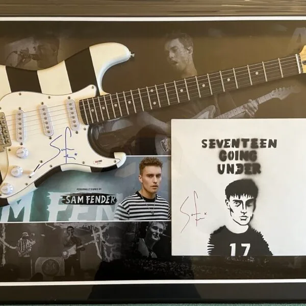 Sam Fender signed custom black and white Newcastle United guitar and LP