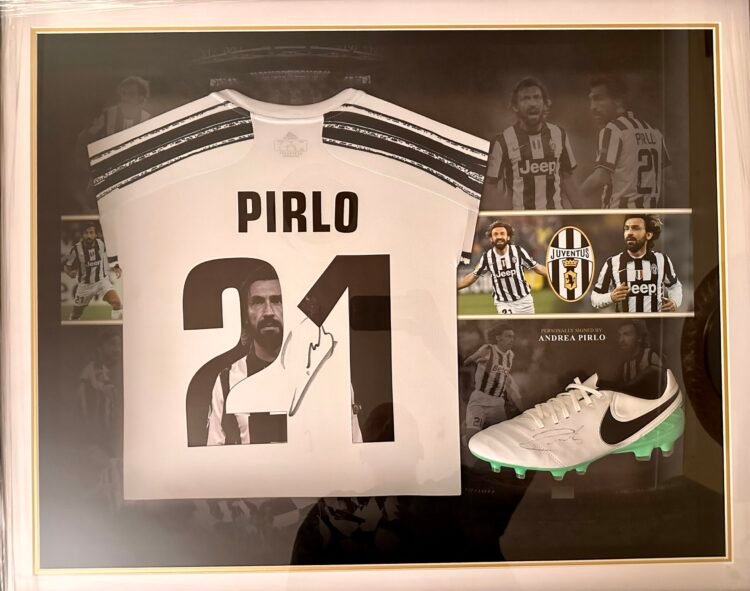 Andrea Pirlo signed Juventus shirt and boot display