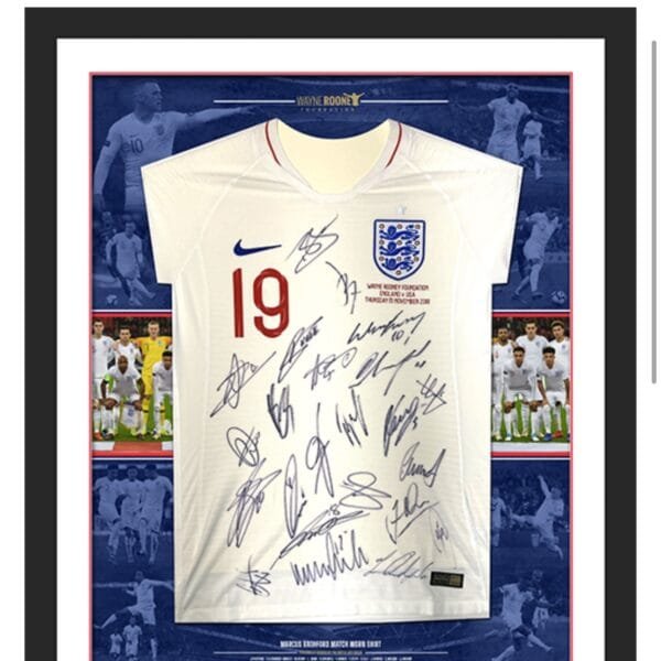 Framed match worn Marcus Rashford England USA Rooney testimonial shirt