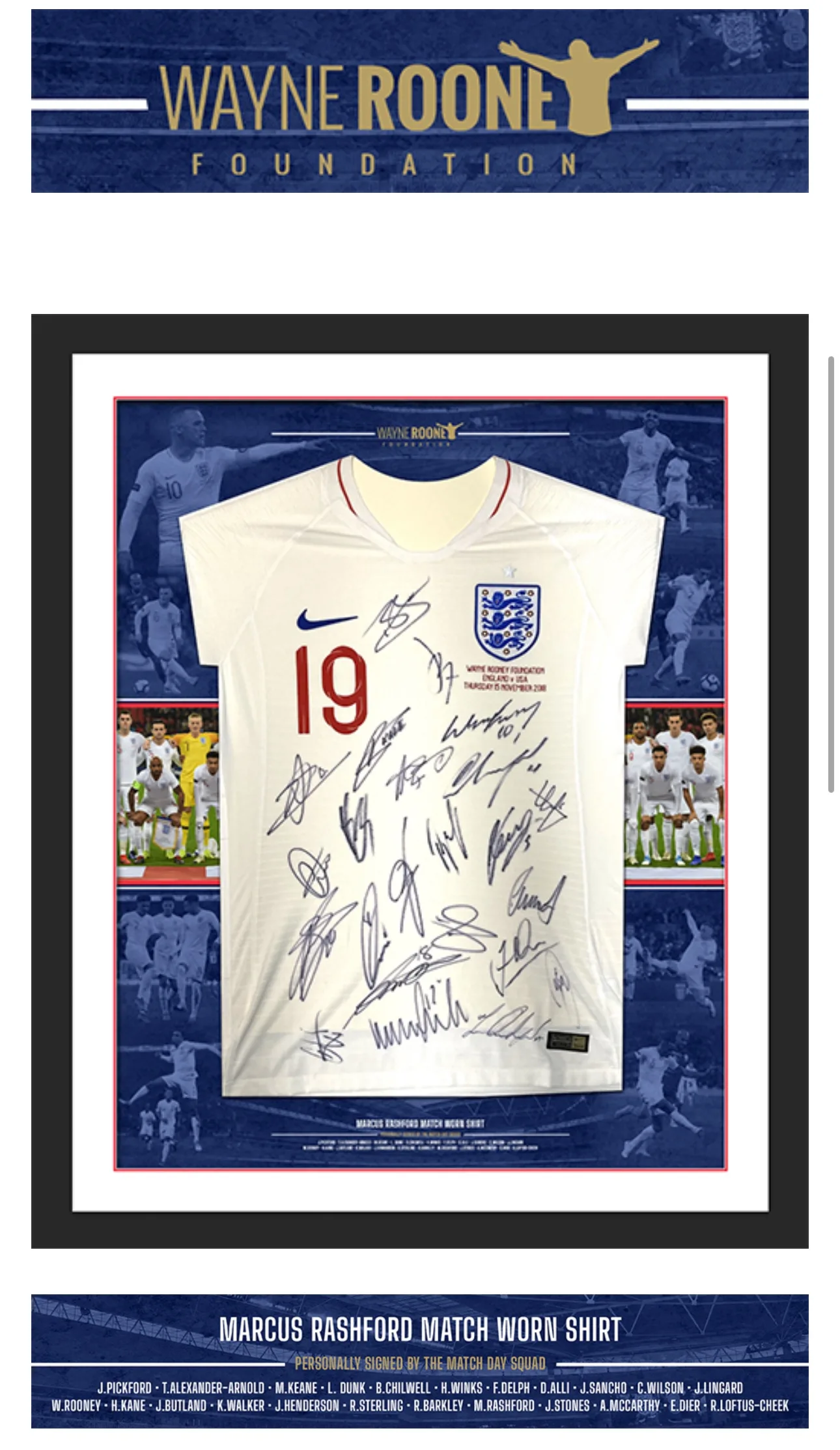 Framed match worn Marcus Rashford England USA Rooney testimonial shirt