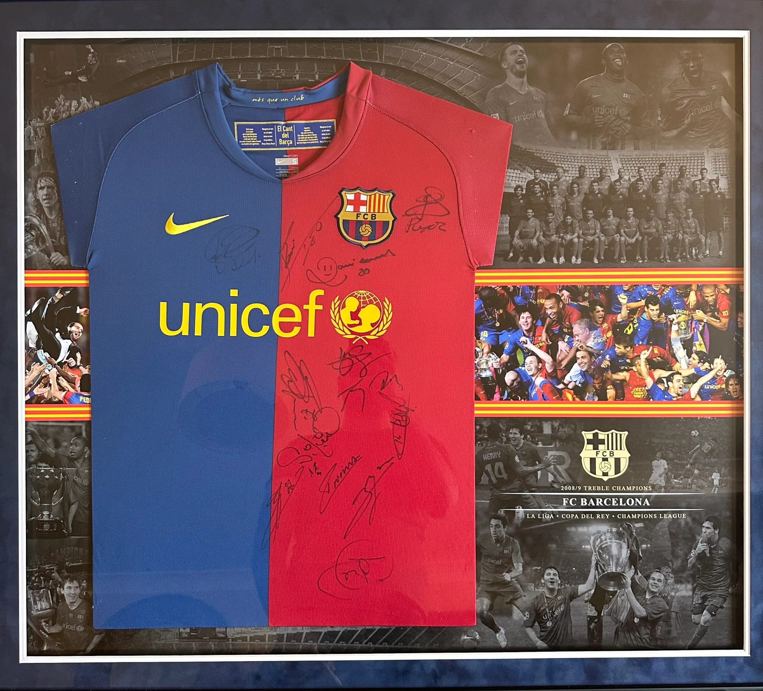 Barcelona signed 2008/09 treble winners shirt Messi Xavi Iniesta