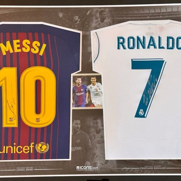 Cristiano Ronaldo Real Madrid & Lionel Messi Barcelona signed shirts Icons