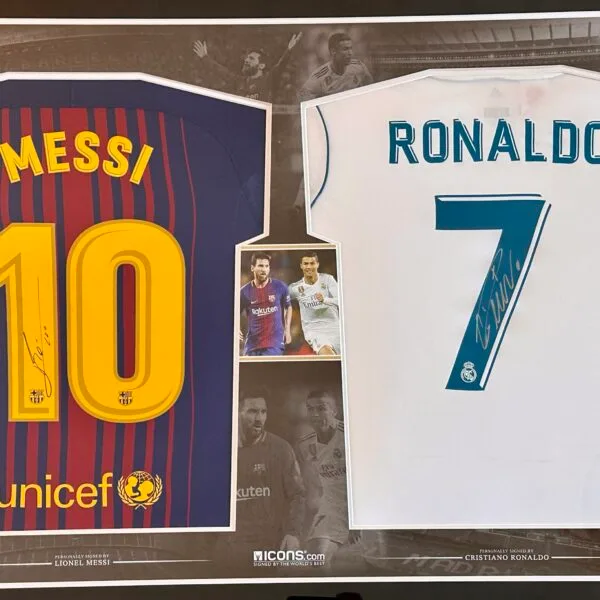 Cristiano Ronaldo Real Madrid & Lionel Messi Barcelona signed shirts Icons