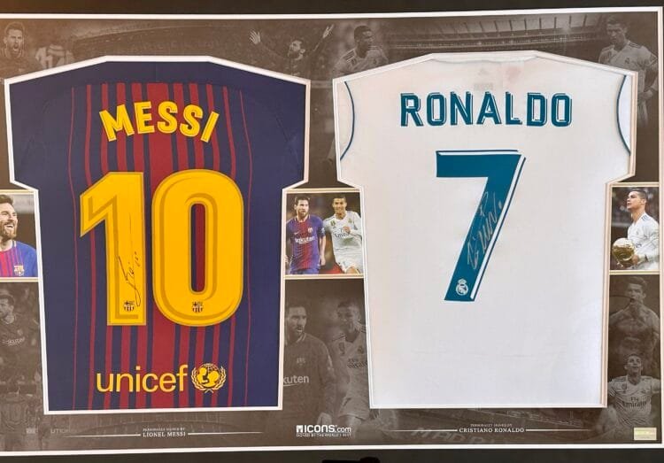 Cristiano Ronaldo Real Madrid & Lionel Messi Barcelona signed shirts Icons