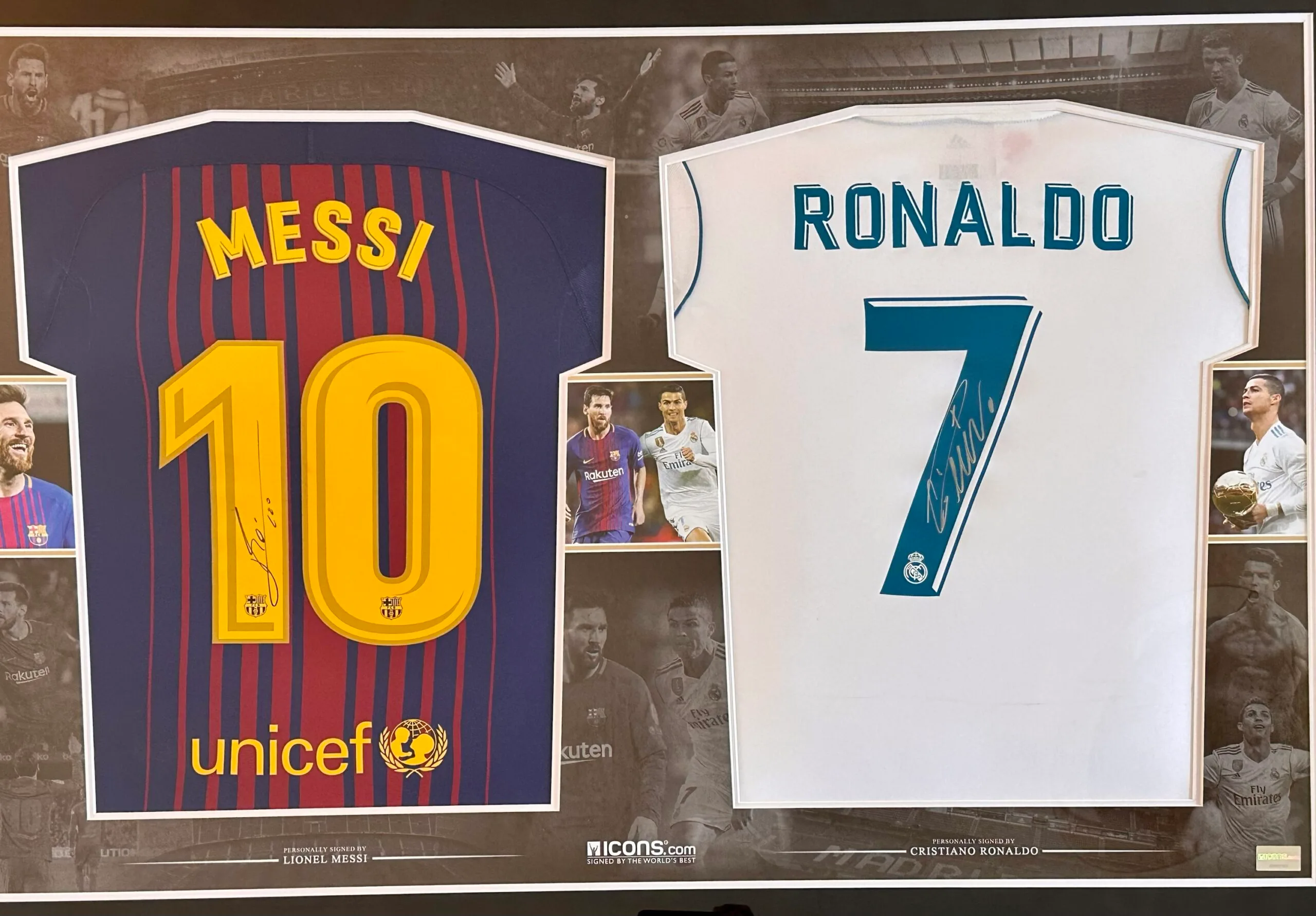 Cristiano Ronaldo Real Madrid & Lionel Messi Barcelona signed shirts Icons