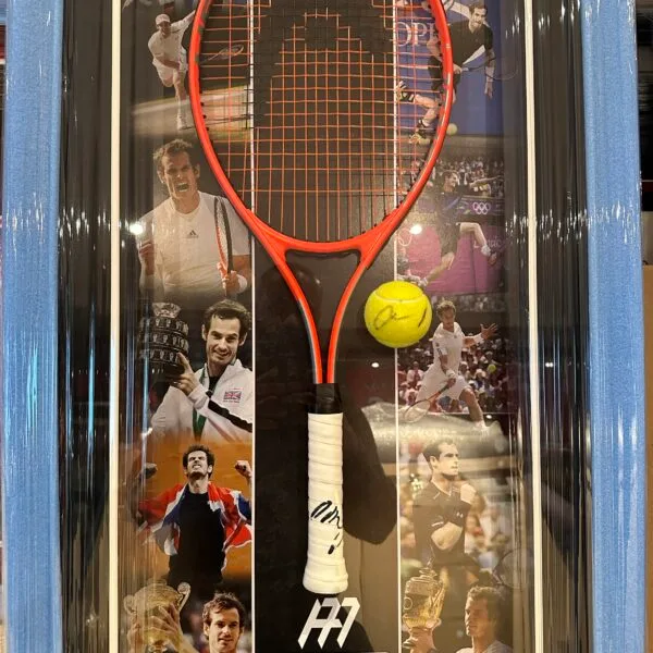 Andy Murray signed tennis racket and ball display