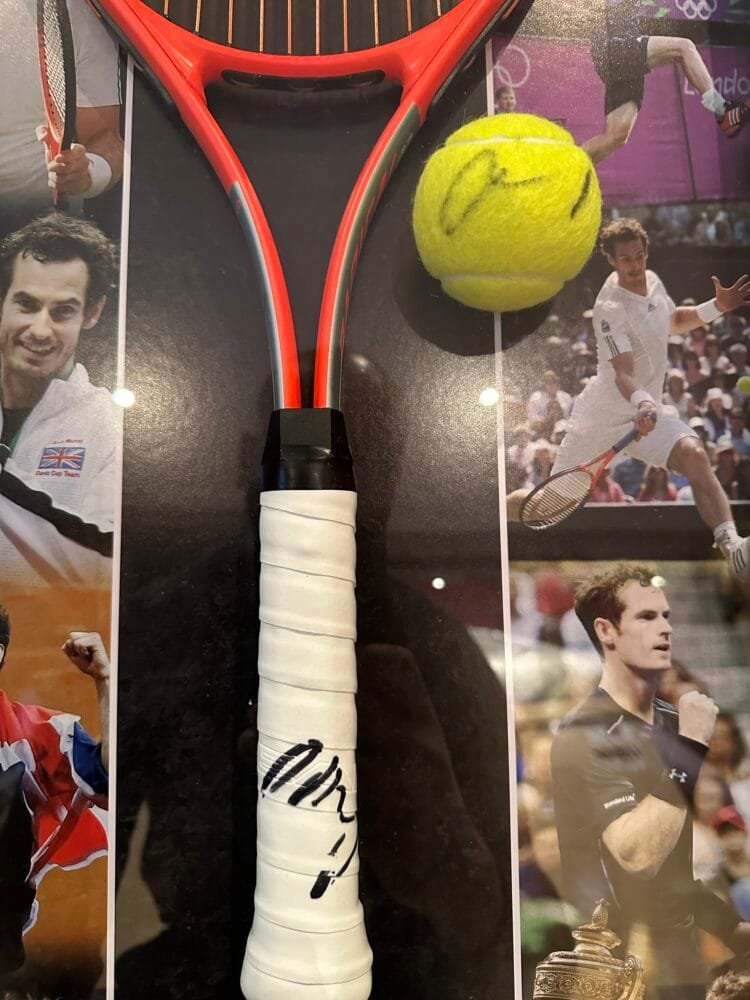 Andy Murray signed tennis racket and ball display - Image 3